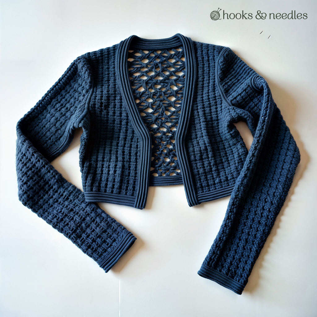The Honeycomb Stitch Cardigan Crochet Pattern features a navy blue design with long sleeves and an open, lacy back—ideal for advanced crocheters seeking a unique project. Shown flat on a white background.