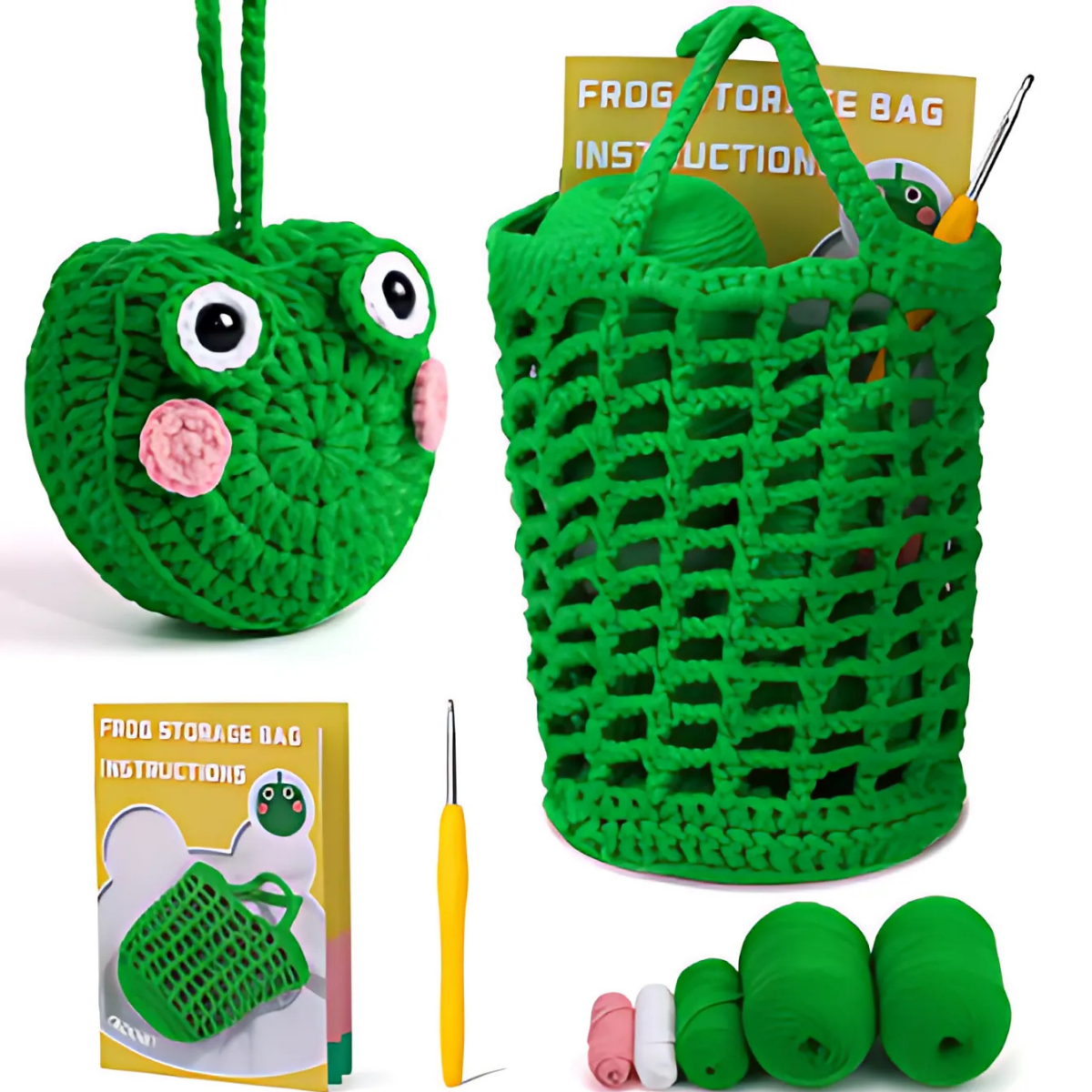 The Frog Storage Bag Crochet Kit includes green yarn, a hook, instructions for a frog-shaped bag, plus photos of a finished bag and an open basket—everything you need to crochet functional art by hand.