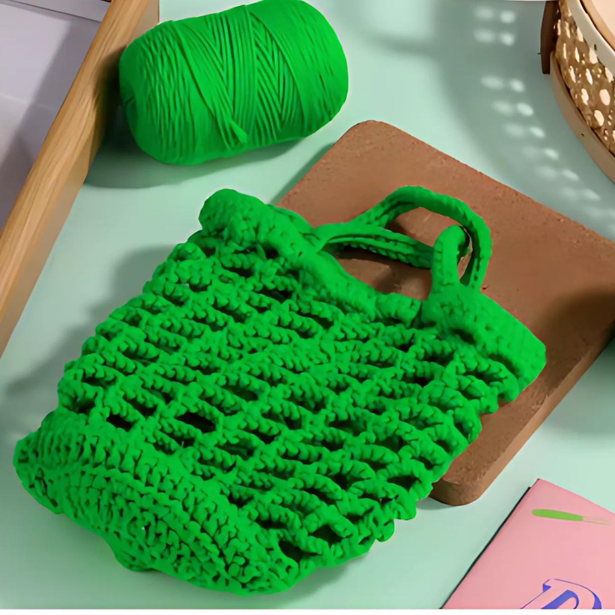 The Frog Storage Bag Crochet Kit includes bright green yarn to craft a whimsical tote, seen here on a brown board alongside matching yarn on a mint surface.
