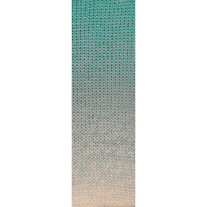 A close-up of the Shifting Hues knitted fabric, showcasing a gradient from teal to beige, crafted from mulesing-free wool for luxurious warmth.