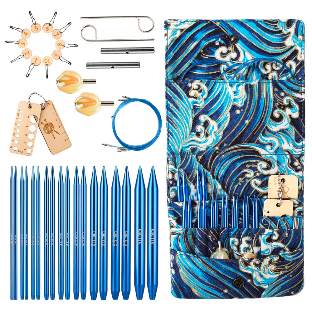 The Premium Aluminium Knitting Needle Set includes interchangeable blue aluminum needles, cable connectors, stitch markers, a measuring tool, and a blue wave-patterned fabric case—ideal for all your knitting projects.