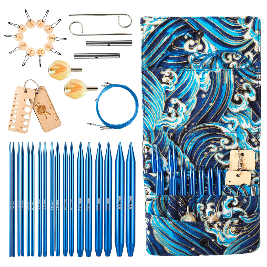 The Premium Aluminium Knitting Needle Set includes interchangeable blue aluminum needles, cable connectors, stitch markers, a measuring tool, and a blue wave-patterned fabric case—ideal for all your knitting projects.