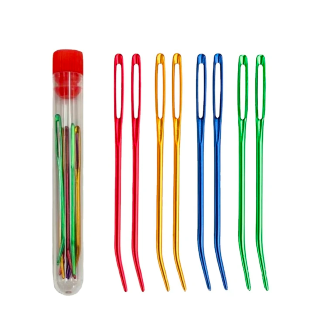 The 29-Piece Crocheting Kit: Perfect for Beginners includes a clear tube with a red cap containing an array of colorful plastic knitting needles. 