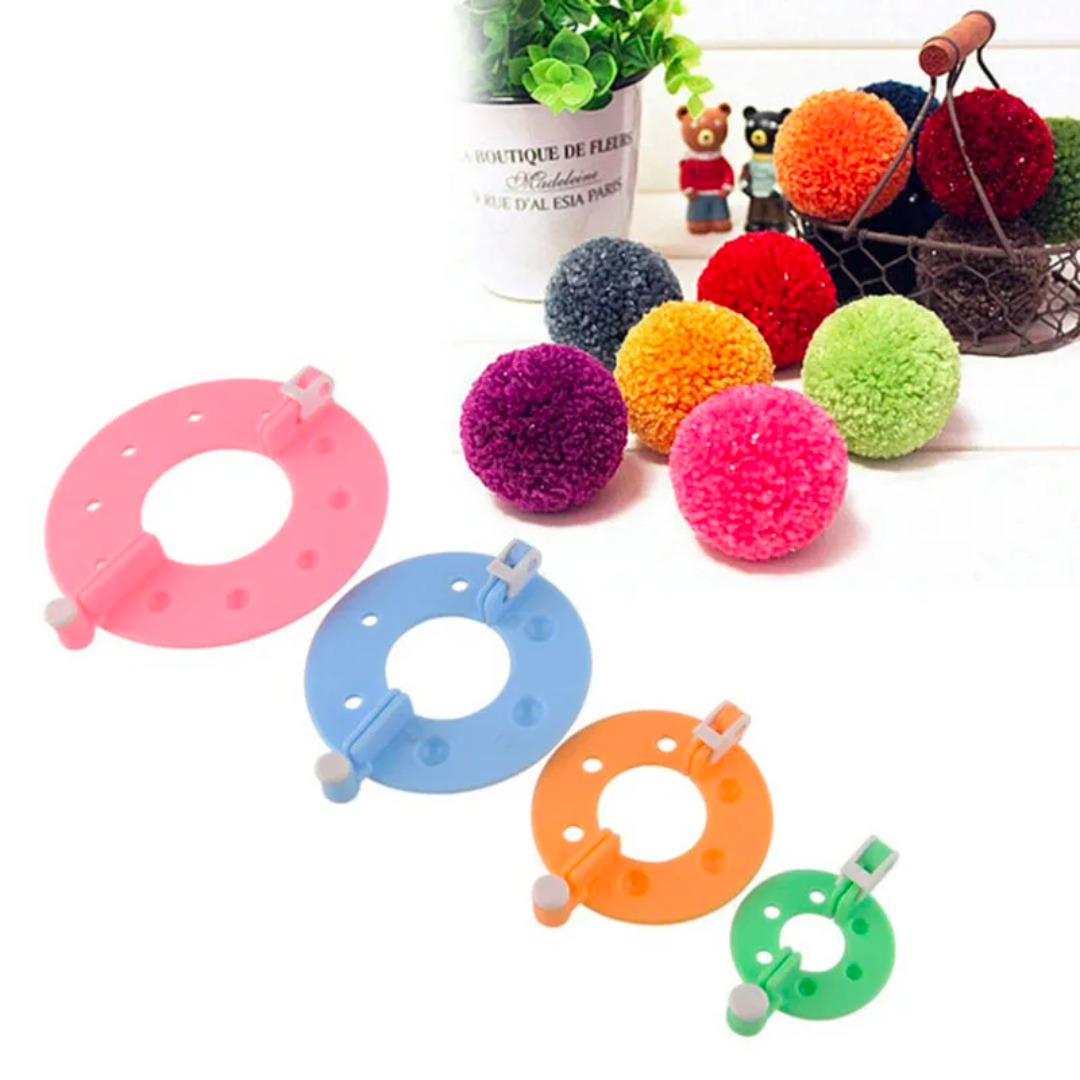 Sentence with Product Name: A variety of colorful Pom Pom Maker Sets crafted from durable materials, with assorted pompoms displayed.