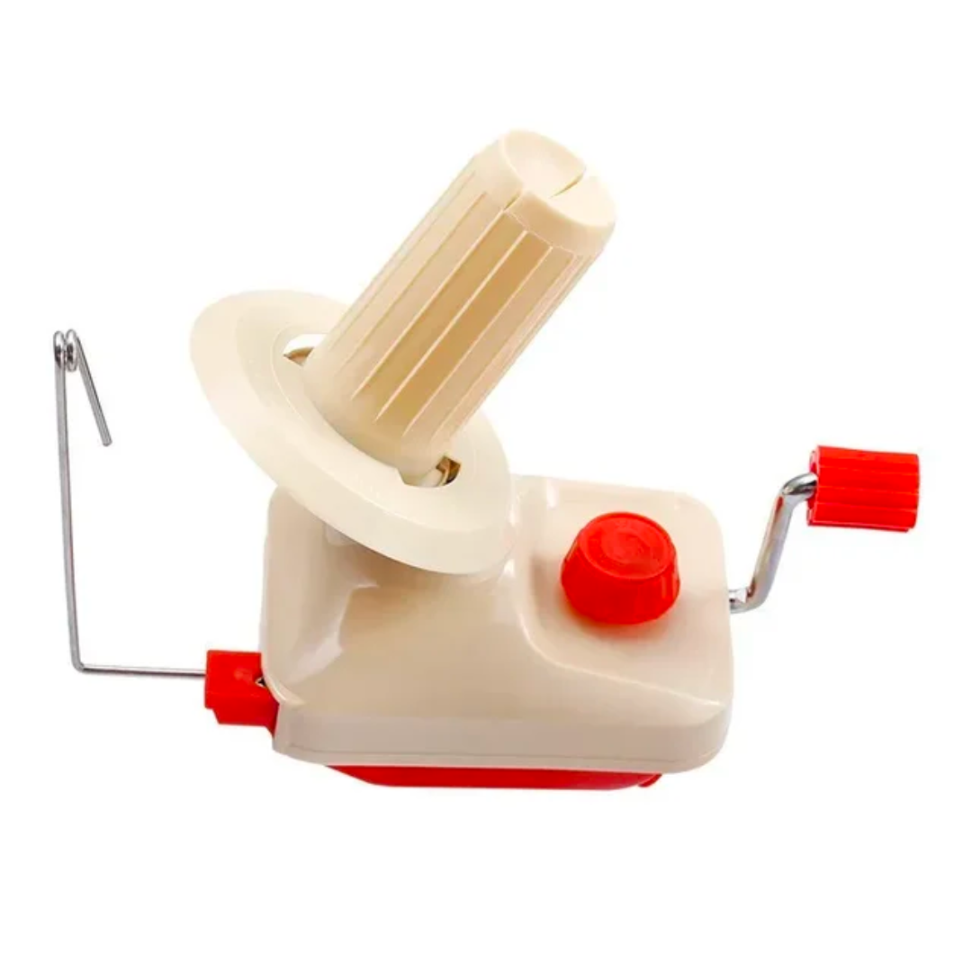 Rotary cheese grater with handle and interchangeable drum, resembling a Yarn Ball Winder, on a white background.