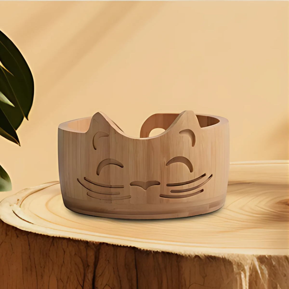 The Cat Yarn Bowl features a charming cat head shape with carved facial details, crafted from wood. Perfect for organizing yarn, it adds a playful touch to your crafting setup.