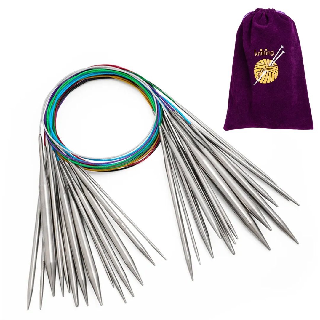 The Stainless Steel Knitting Needle Set, featuring circular needles with colorful cables and crafted from durable stainless steel, is accompanied by a purple drawstring bag adorned with a knitting graphic. It