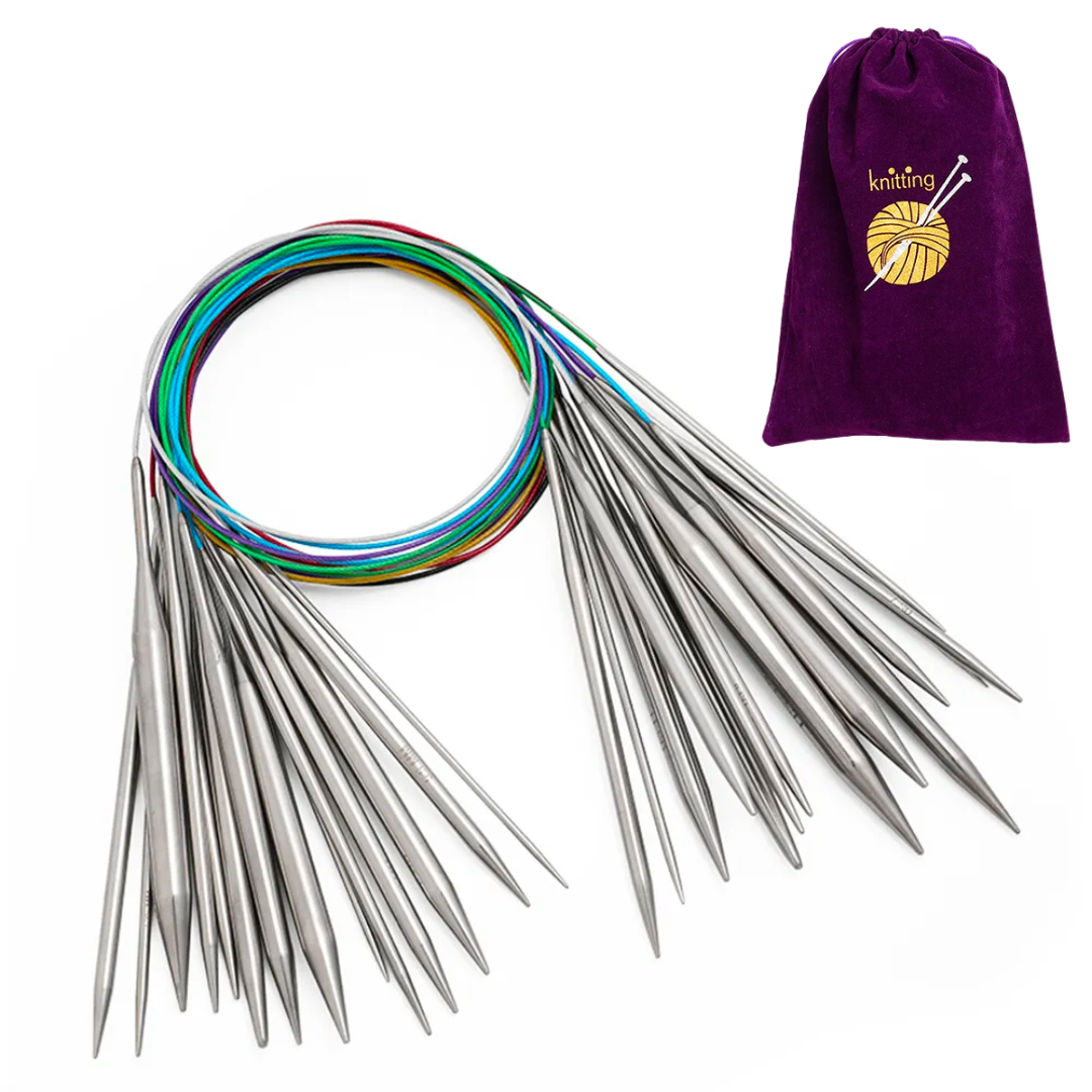 A 35-piece knitting kit, ideal for beginners, featuring metal circular knitting needles with vibrant cables and a purple bag embellished with knitting-themed embroidery.