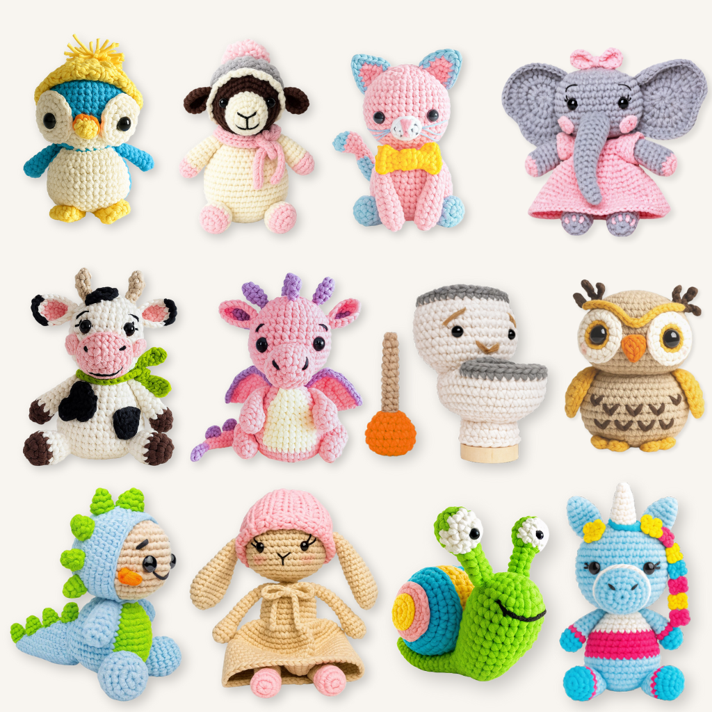 The Snuggle Squad offers 10 adorable crochet PDF patterns featuring cute animals like penguins, cats, dragons, and unicorns—perfect for anyone who loves unique amigurumi toys or collectible crochet animal patterns.