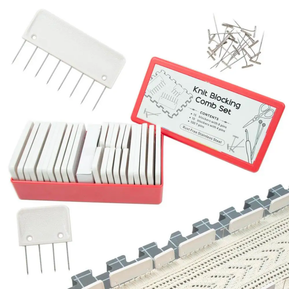 The Knit Blocking Comb Set includes robust blocking pins and stainless steel combs, presented in a lively red storage box. It is showcased on a woven fabric and comes with T-pins and blocking mats to enhance your knitting experience.