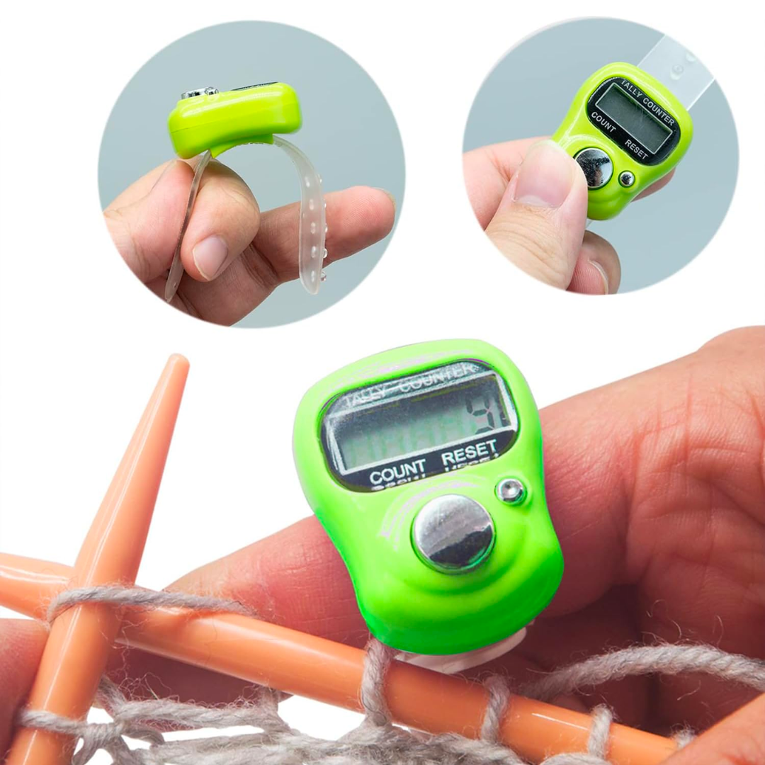 A person's fingers using a small green Digital Row Counter for Knitting & Crocheting to keep track of crocheting rows.