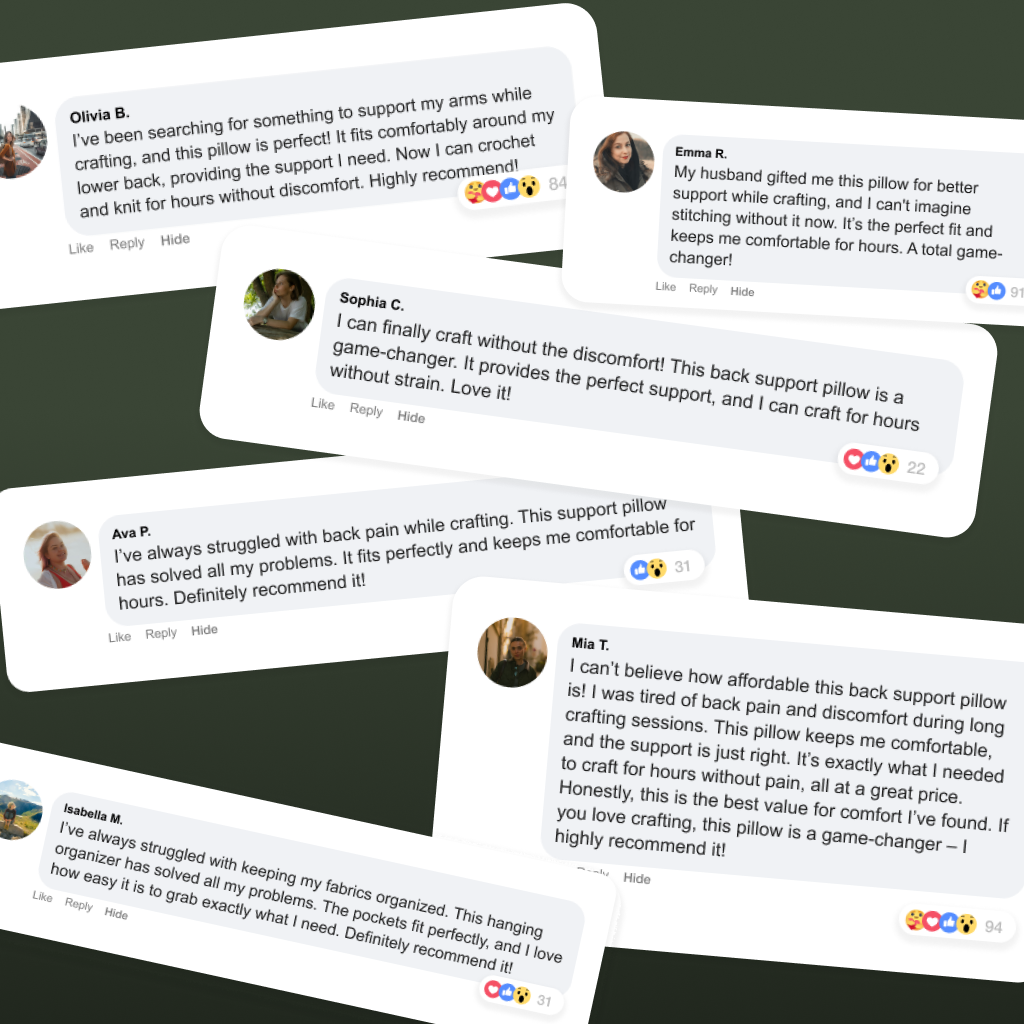 A collage of six online customer reviews praises the Crochet & Knit Back Support Pillow for easing pain and improving comfort during knitting and crochet, with visible star ratings and highlighting its effectiveness for arthritis relief.