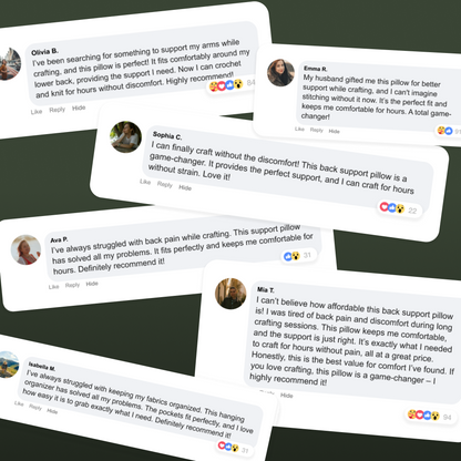 A collage of six online customer reviews praises the Crochet & Knit Back Support Pillow for easing pain and improving comfort during knitting and crochet, with visible star ratings and highlighting its effectiveness for arthritis relief.
