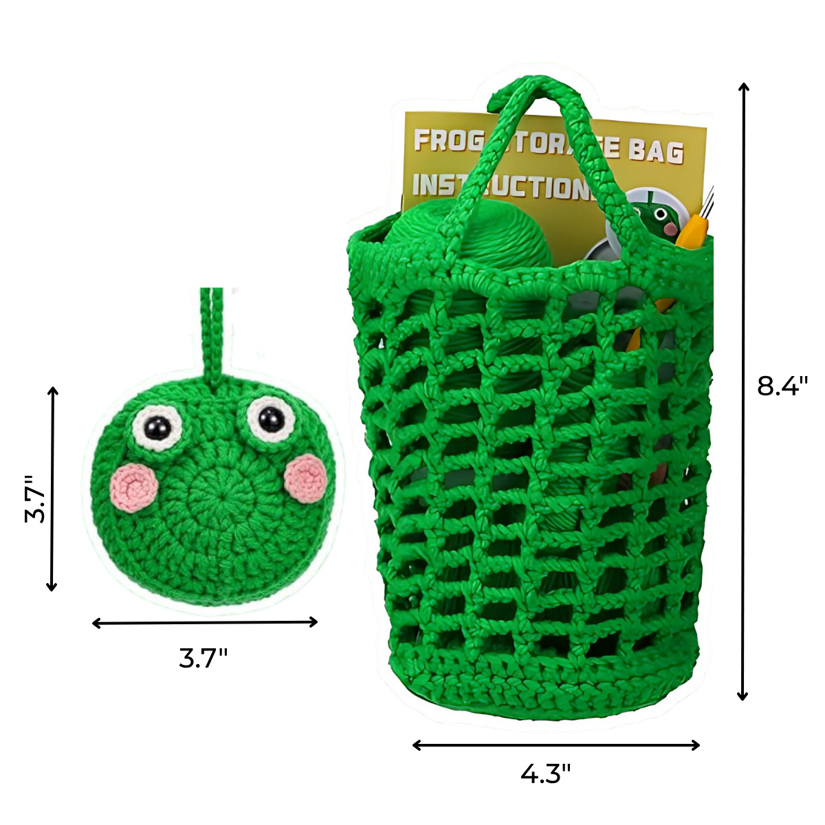 The Frog Storage Bag Crochet Kit includes a green crocheted frog face keychain (3.7"x3.7") and matching storage bag with handle (8.4"x4.3"), complete with instructions—ideal for creative, functional storage solutions.