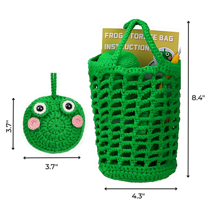The Frog Storage Bag Crochet Kit includes a green crocheted frog face keychain (3.7"x3.7") and matching storage bag with handle (8.4"x4.3"), complete with instructions—ideal for creative, functional storage solutions.