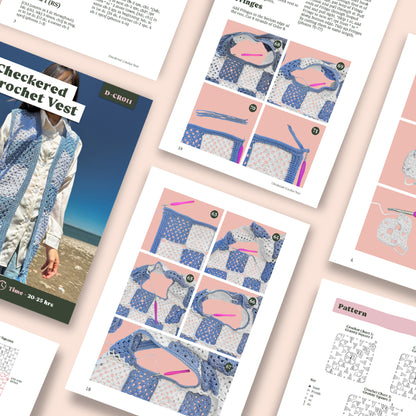 Instructional pages from the Checkered Vest Crochet Pattern are displayed on a light background, featuring step-by-step image guides and diagrams for making this beginner-friendly Granny Square crochet vest.