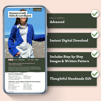 A phone displays an ad for the Honeycomb Stitch Cardigan Crochet Pattern, showing skill level, time, and materials. Features: advanced digital download, step-by-step images, and a great gift idea.