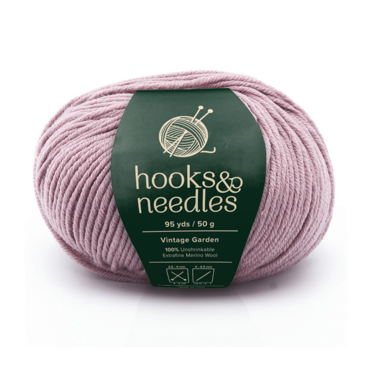 A 50g ball (95 yds) of "hooks & needles" Aurora Gemstones Yarn in Vintage Garden, 100% extra fine mercerized wool, soft and light purple for luxurious projects.