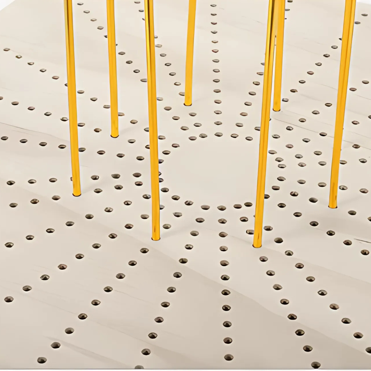 Yellow rods inserted into the Round Crochet Blocking Board, which features a beige, round grid design with holes arranged in a radial pattern from the center.