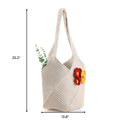 The Bohemian Crochet Tote Bag Kit features a beige woven design, floral details, and greenery, with a 25.2" strap and 13.8" width—crafted from cotton yarn for a perfect handmade feel.