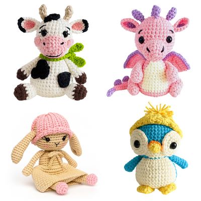bundle-1-frosty-the-penguin-rosie-the-bunny-sparkle-the-dragon-hazel-the-cow