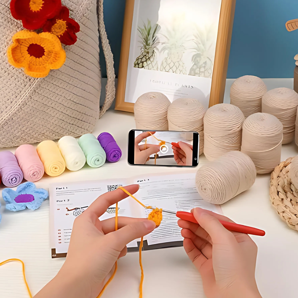 Crocheting with yellow yarn from the Bohemian Crochet Tote Bag Kit while watching a video tutorial on a smartphone. Yarn balls, crocheted flowers, and the kit’s pattern sheet are on the table.
