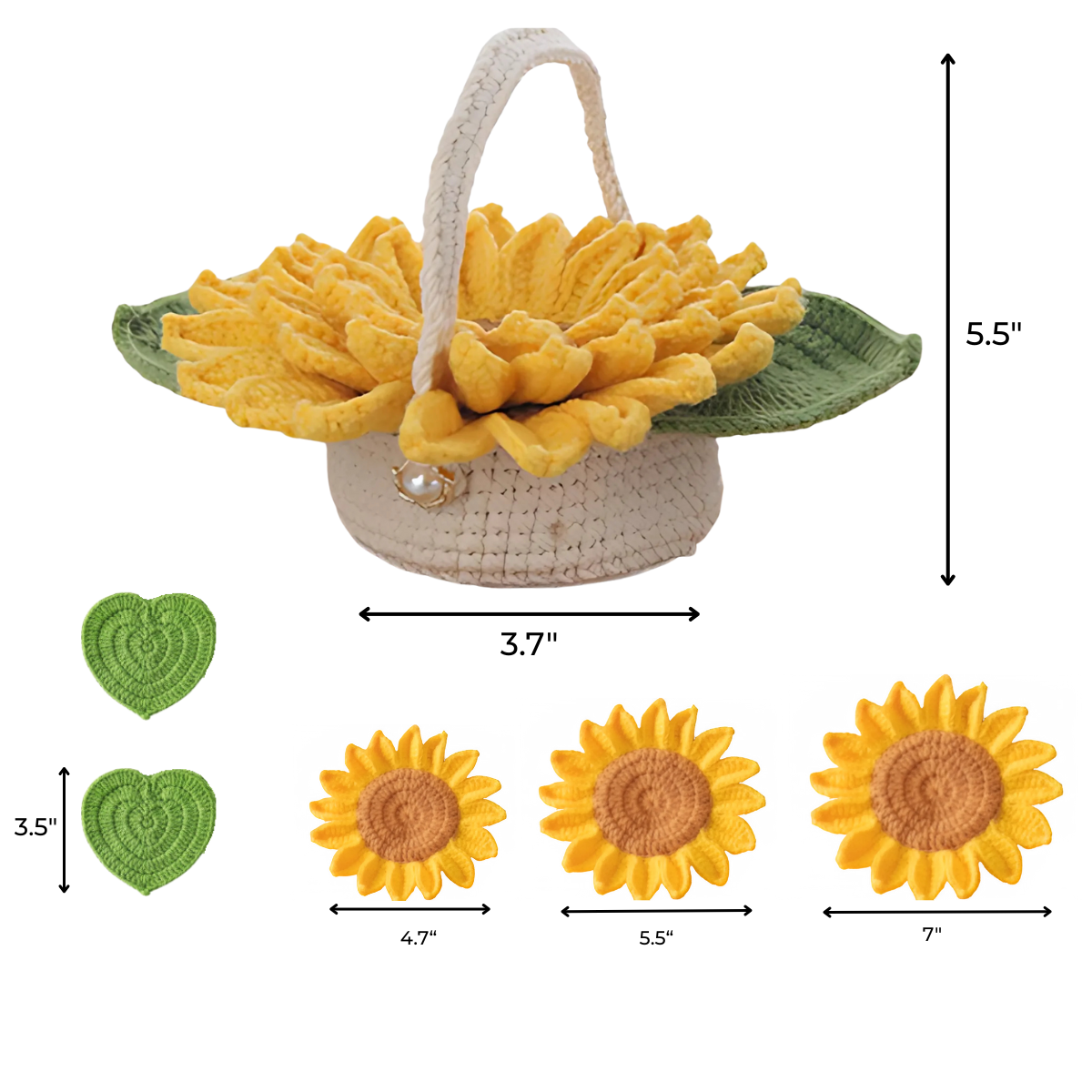 The Sunflower Pot Crochet Kit with 5pcs Coasters features a beige basket with sunflower and green leaf design, heart patches, and measures 3.7” wide by 5.5” tall—ideal for displaying handmade sunflower coasters or gifting as a unique crochet set.