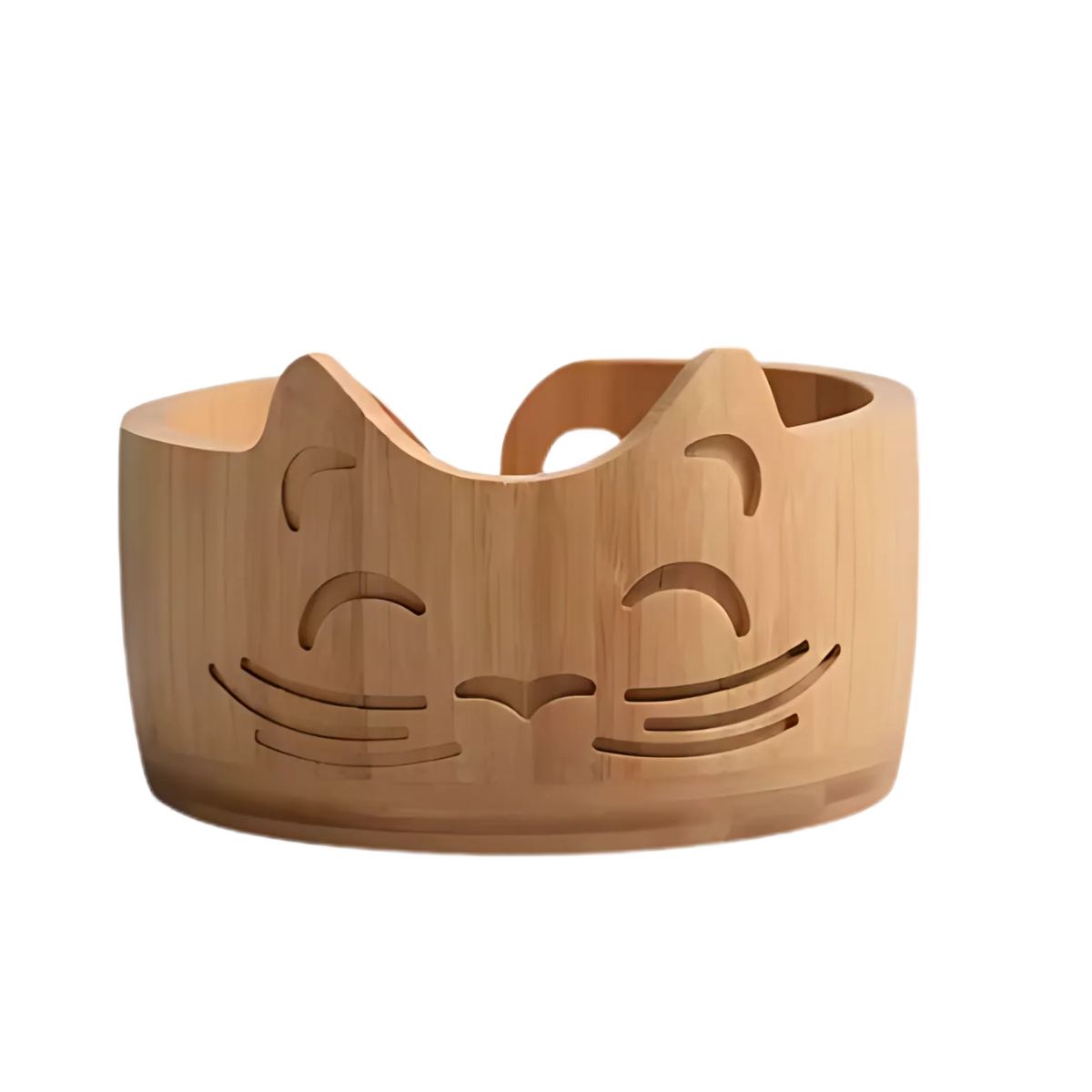 The Cat Yarn Bowl features a carved cat face and cutout details, providing a charming way to keep your yarn neatly guided as you craft.