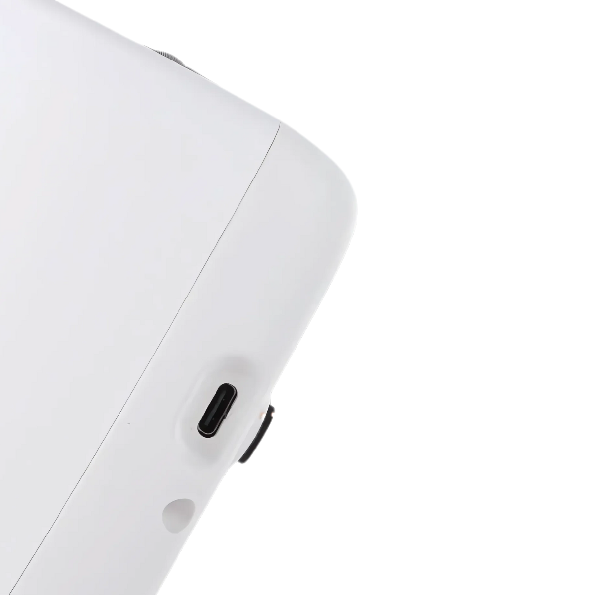Close-up of the Rechargeable Hand Massager with 5 Modes, showcasing its ergonomic white design, USB-C charging port, and a small hole—likely for a microphone or reset button—set against a plain background.