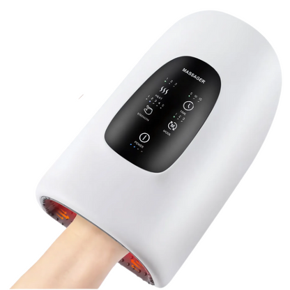 A person's hand inside a Rechargeable Hand Massager with 5 Modes, featuring an ergonomic design and digital control panel for effective hand fatigue relief.