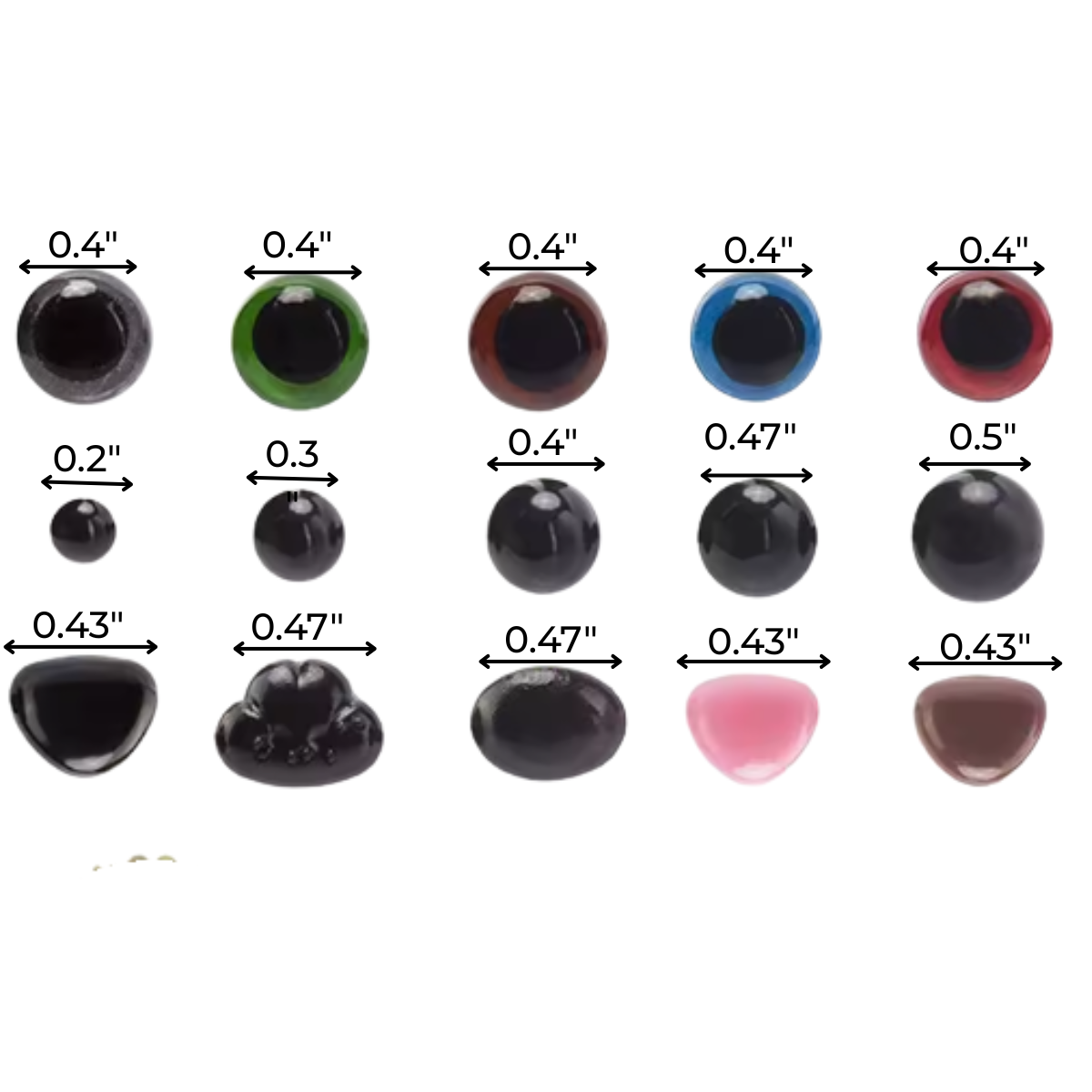 The Crafting Safety Eyes & Noses Set includes ten assorted plastic eyes and noses in various colors and shapes, each labeled with width and height in inches—ideal amigurumi or crochet accessories for your creative projects.
