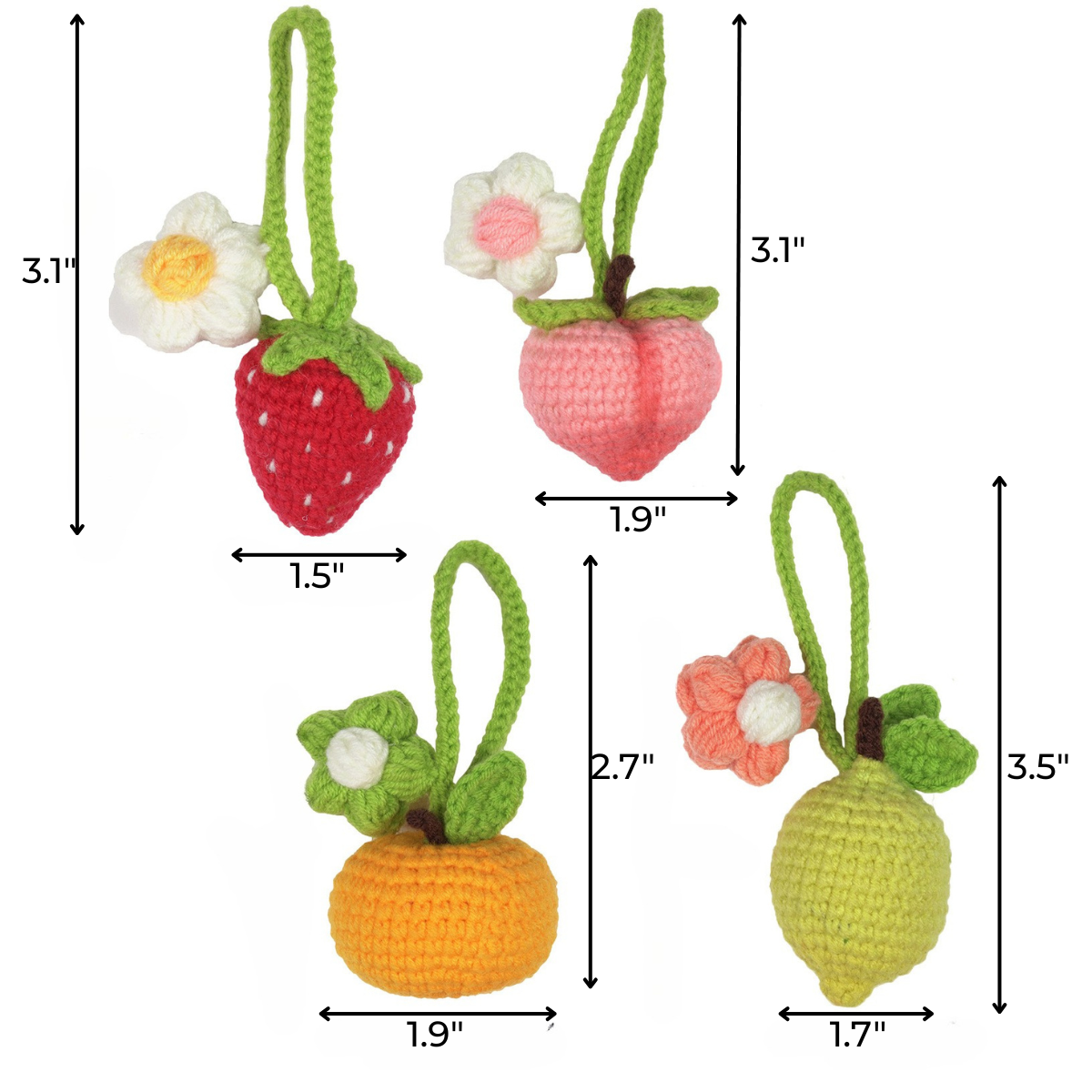 The Crochet Fruits Kit 4pcs features strawberry, peach, orange, and lemon keychains—each with a flower and labeled dimensions in inches. This DIY kit is perfect for making your own crochet fruit pendants.