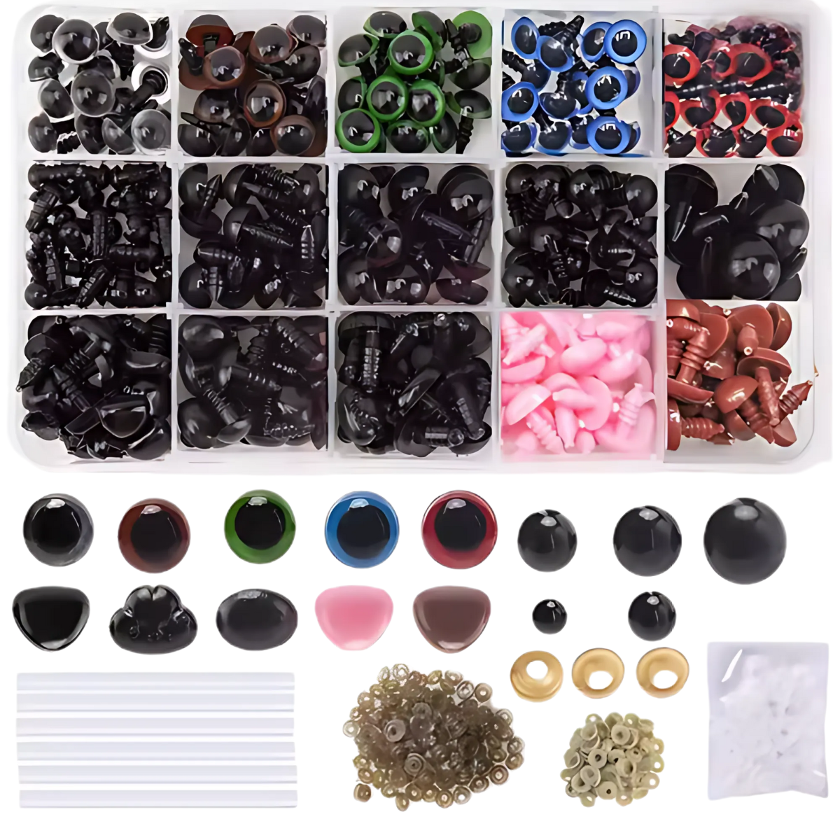 The Crafting Safety Eyes & Noses Set features a plastic organizer tray with assorted safety eyes, noses, washers, and fasteners for DIY crafts, plus extra crochet accessories neatly stored beneath the tray—ideal for amigurumi projects.