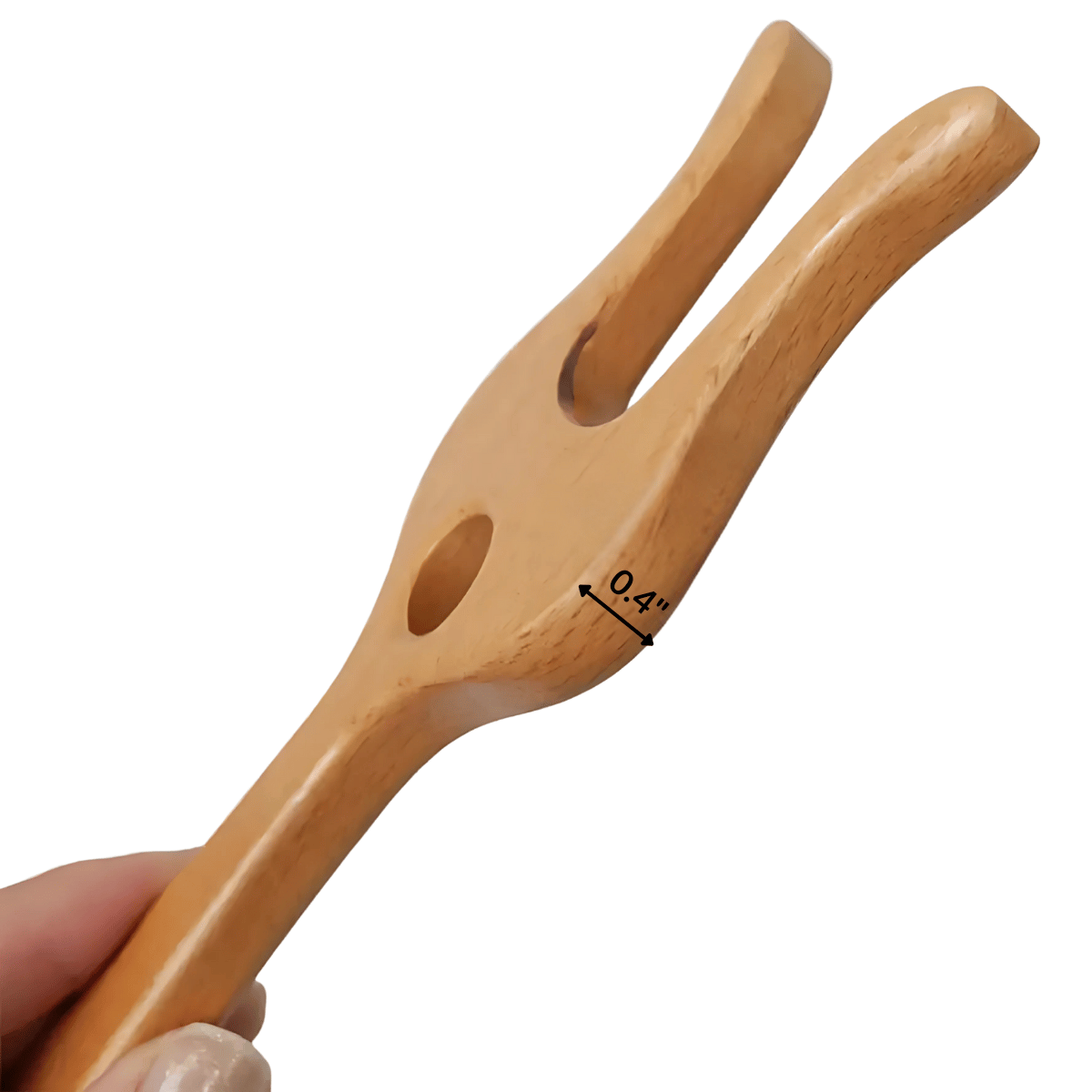 A hand holds the Knitting Fork for Easy Cord Making—wooden, ergonomic, two-pronged with a circular hole in the center and a 0.4-inch gap marked between the prongs.