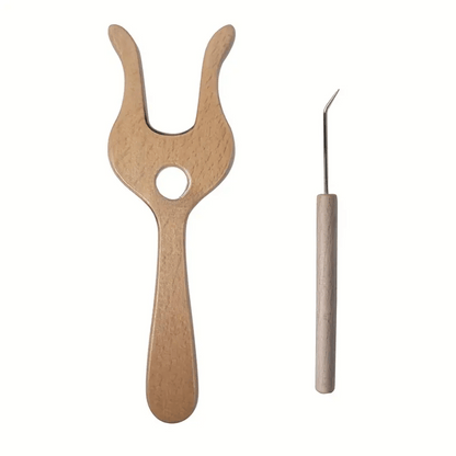 The Knitting Fork for Easy Cord Making features an ergonomic wooden fork and a metal pick tool with a wooden handle, both ideal for braiding or creating lucet cords, displayed on a white background.
