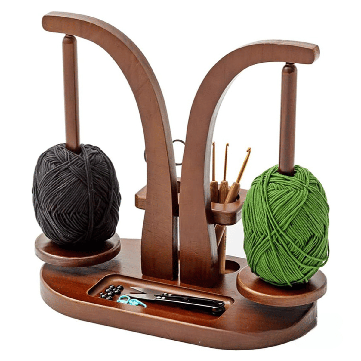 The Double Yarn Spinner Stand with Tool Storage features two spindles for tangle-free colorwork and compartments to organize yarn, crochet hooks, scissors, and stitch markers.