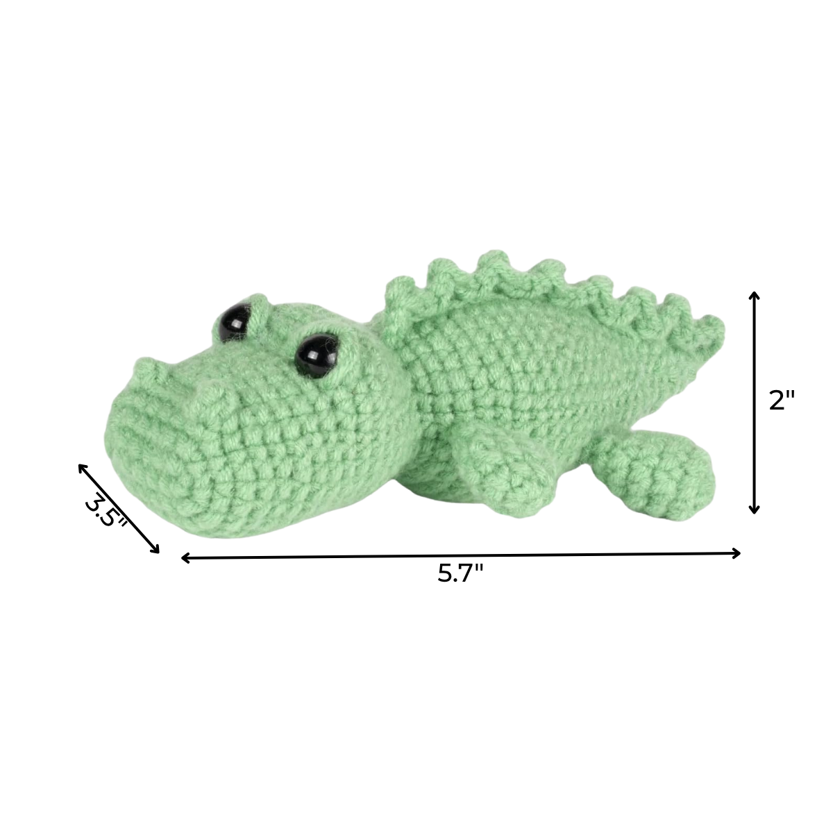 The Crochet Crocodile Kit 2pcs includes small green crocheted crocodile plush toys with black eyes (5.7" x 3.5" x 2"), ideal for beginners or as a cute addition to any crochet animal collection.