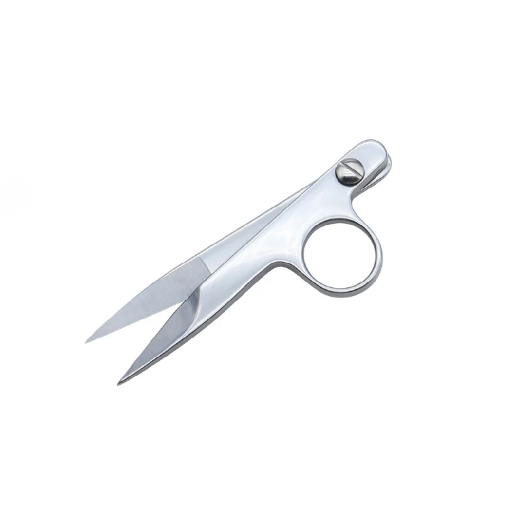 Stainless Steel Yarn Scissors, designed for precision cutting, feature an ergonomic design with a single circular handle and short blades, set against a plain white background.