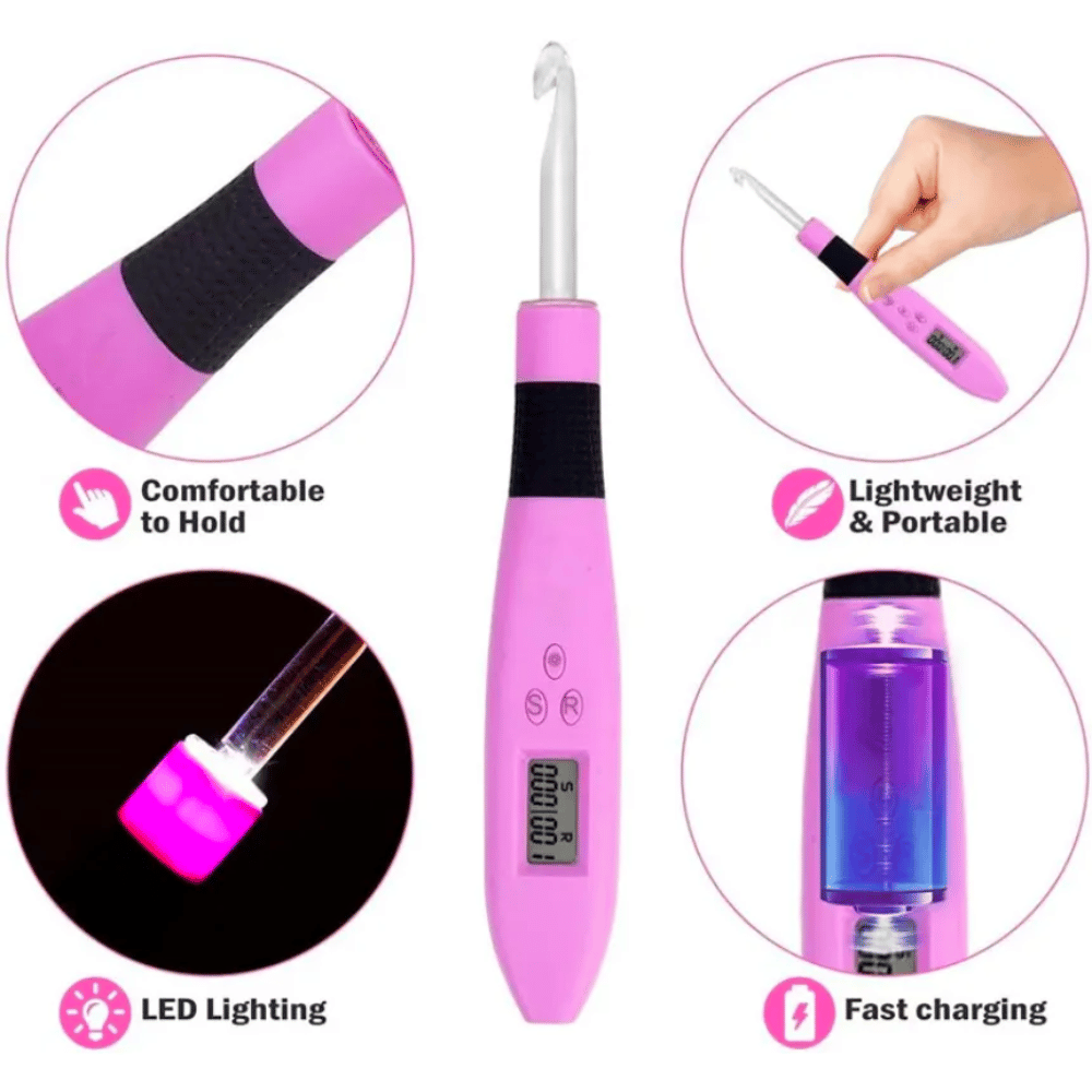 Ergonomic Rechargeable LED Crochet Hook Set with Row Counter