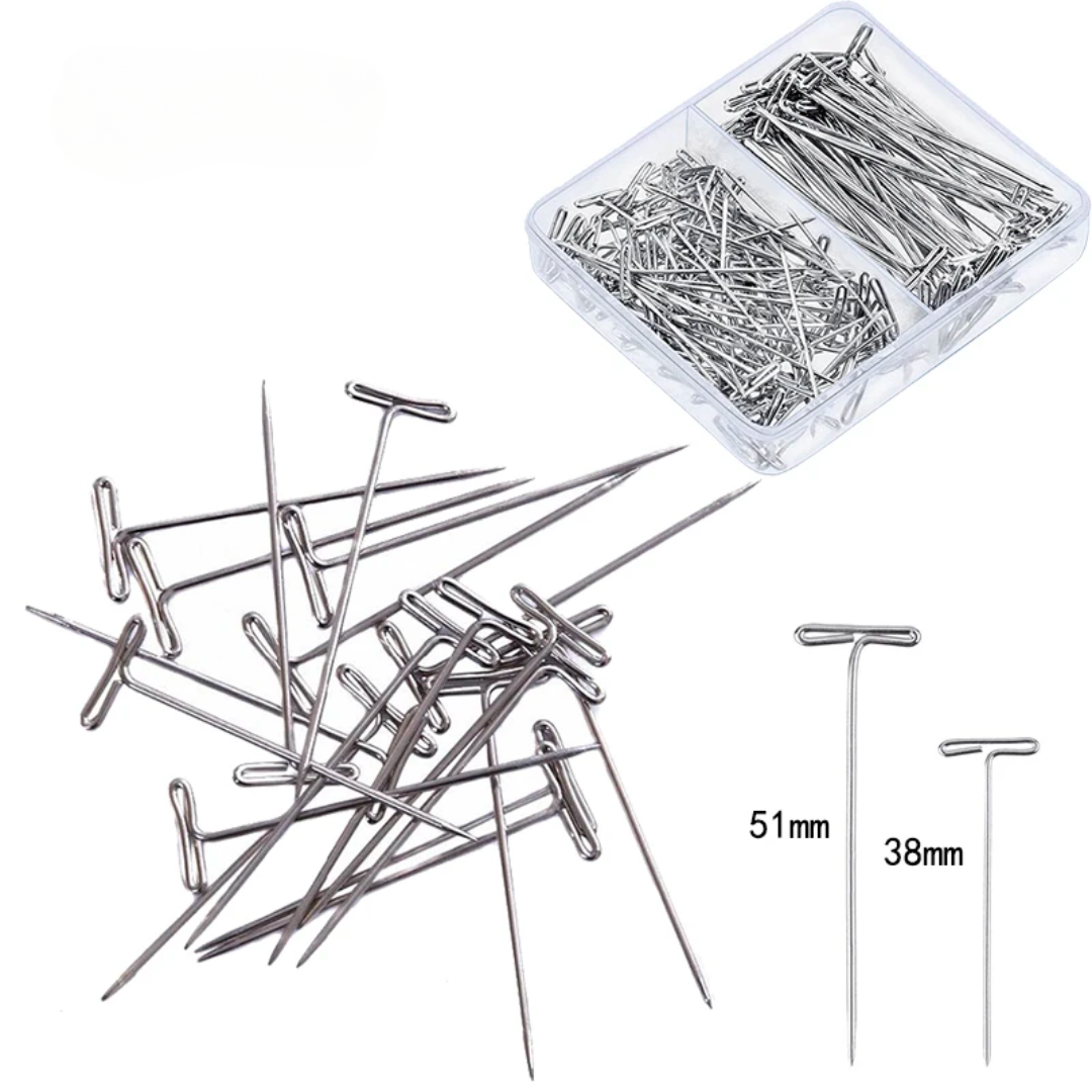 Assorted rust-resistant T-Pins For Blocking, crafts, and sewing, with size specifications, shown with a storage box.