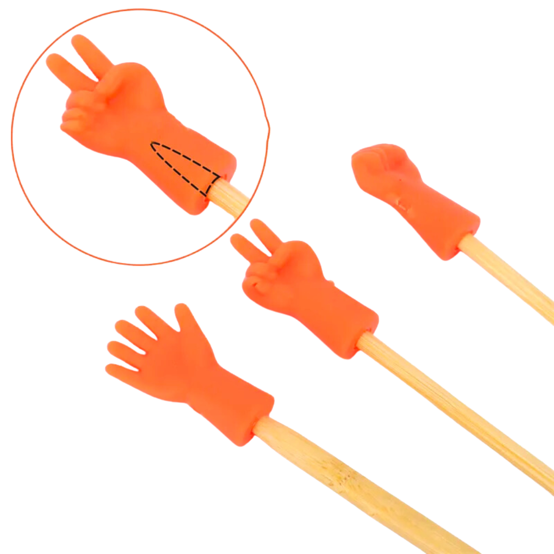 Orange hand-shaped rubber point protectors on Knitting Needles Point Protectors 6pcs wooden knitting needles.