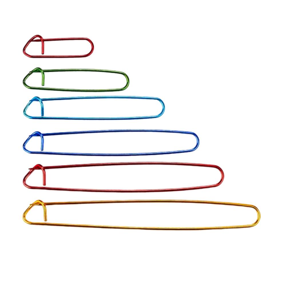 The Stitch Holder Set 6pcs features six durable aluminum stitch holders in ascending sizes, arranged top to bottom in vibrant colors such as red, green, blue, red, blue, and gold. These colorful stitch holders create an eye-catching set perfect for knitting tool enthusiasts.