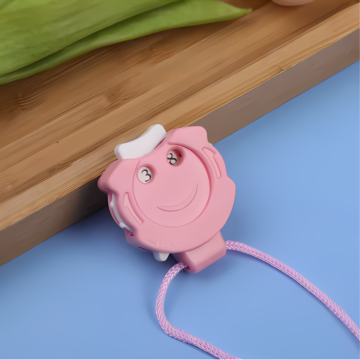 The Row Counter for Knitting & Crocheting features a pink plastic smiling face clip on a pink cord, shown on a blue surface beside a wooden board—ideal as a fun accessory or practical tool for your crochet and knitting projects.