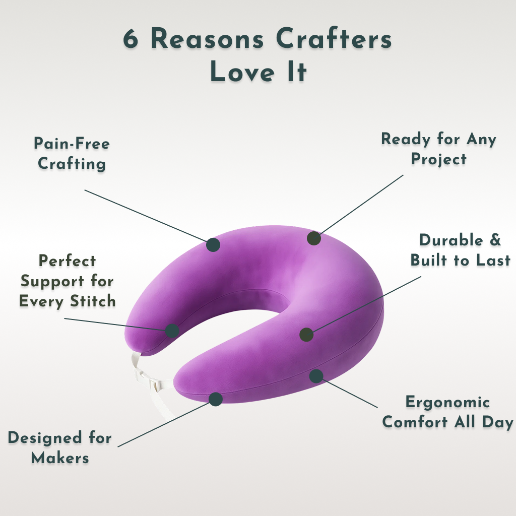 The Crochet & Knit Back Support Pillow is shown with labeled lines highlighting features: ergonomic arm support, pain-free crafting, ideal for knitting and crochet, project readiness, durability, and arthritis relief.