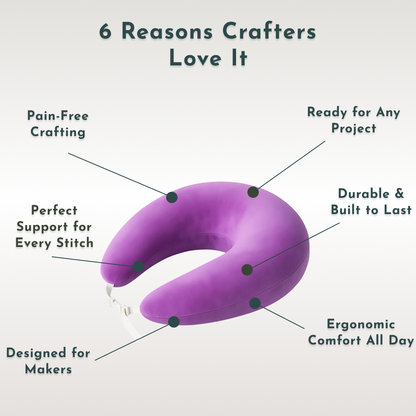 The Crochet & Knit Back Support Pillow is shown with labeled lines highlighting features: ergonomic arm support, pain-free crafting, ideal for knitting and crochet, project readiness, durability, and arthritis relief.