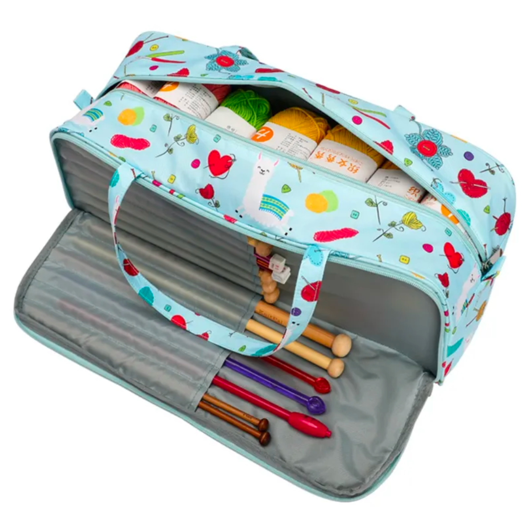 Colorful patterned Knitting Crocheting Bag Yarn Storage with yarn and wooden needles.