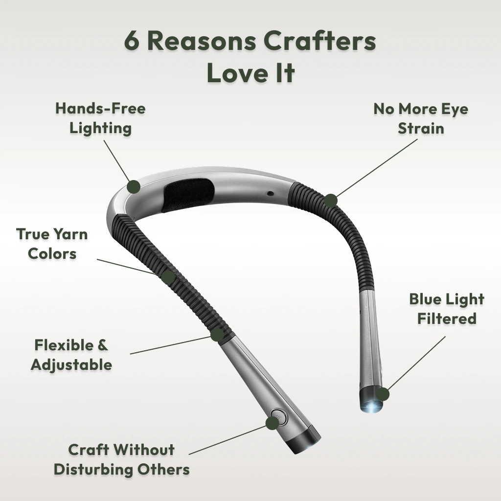 The Crafting Neck Lamp is a flexible, wearable light featuring hands-free use, true yarn color illumination, adjustable design, blue light filtering, reduced eye strain, and lets you craft without disturbing others.