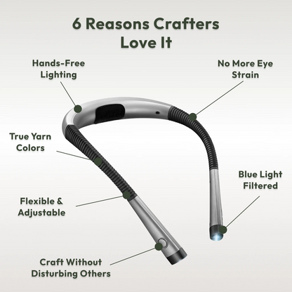 The Crafting Neck Lamp is a flexible, wearable light featuring hands-free use, true yarn color illumination, adjustable design, blue light filtering, reduced eye strain, and lets you craft without disturbing others.
