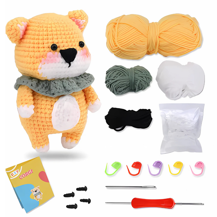 The Crochet Bear Kit comes with yarn, crochet hooks, safety eyes, stuffing, stitch markers, a pattern booklet, and a finished plush bear—ideal for creating your own DIY bear at home.