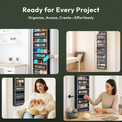 Four images show the Hanging Yarn Organizer in black, mounted on a wall and filled with yarn and supplies, while a woman selects yarn for knitting in a bright, modern room.